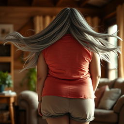 A plus-size Indian mature housewife with flowing long grey hair, depicted from behind in a candid and relaxed pose