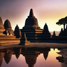 A high-quality digital art piece depicting the iconic Borobudur Temple in Indonesia