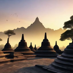 A high-quality digital art piece depicting the iconic Borobudur Temple in Indonesia