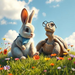 A charming scene depicting a rabbit and a wise turtle sitting together on a sunlit grassy hill