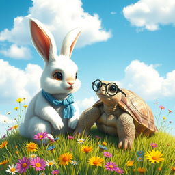 A charming scene depicting a rabbit and a wise turtle sitting together on a sunlit grassy hill