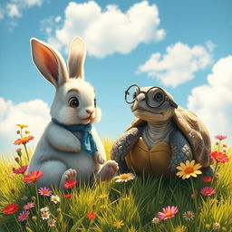A charming scene depicting a rabbit and a wise turtle sitting together on a sunlit grassy hill