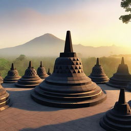 A high-quality digital art piece depicting the iconic Borobudur Temple in Indonesia