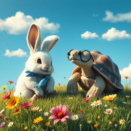 A charming scene depicting a rabbit and a wise turtle sitting together on a sunlit grassy hill