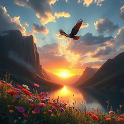A breathtaking fantasy landscape featuring a vibrant sunset casting warm hues over a tranquil lake surrounded by towering mountains
