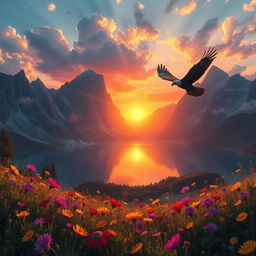A breathtaking fantasy landscape featuring a vibrant sunset casting warm hues over a tranquil lake surrounded by towering mountains