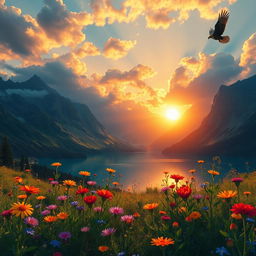 A breathtaking fantasy landscape featuring a vibrant sunset casting warm hues over a tranquil lake surrounded by towering mountains