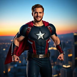 A heroic and charismatic portrait of Chris Evans, showcasing him in a classic superhero pose