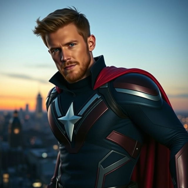 A heroic and charismatic portrait of Chris Evans, showcasing him in a classic superhero pose