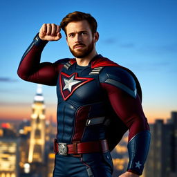 A heroic and charismatic portrait of Chris Evans, showcasing him in a classic superhero pose