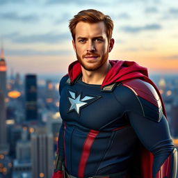 A heroic and charismatic portrait of Chris Evans, showcasing him in a classic superhero pose