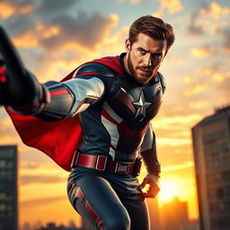 A captivating action shot of Chris Evans as a charismatic superhero, donned in a sleek, modern superhero costume that features a mix of navy blue, bright red, and white