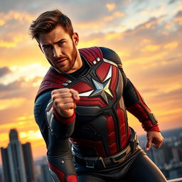 A captivating action shot of Chris Evans as a charismatic superhero, donned in a sleek, modern superhero costume that features a mix of navy blue, bright red, and white