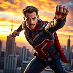 A captivating action shot of Chris Evans as a charismatic superhero, donned in a sleek, modern superhero costume that features a mix of navy blue, bright red, and white