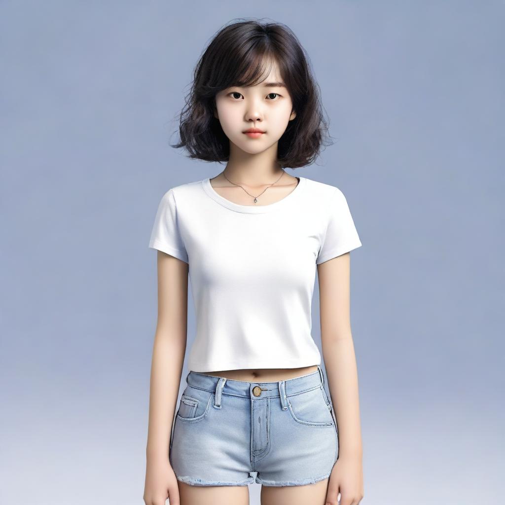 A high-quality, realistic image of a 17-year-old Asian girl with a small body