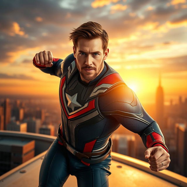 A captivating action shot of Chris Evans as a charismatic superhero, donned in a sleek, modern superhero costume that features a mix of navy blue, bright red, and white