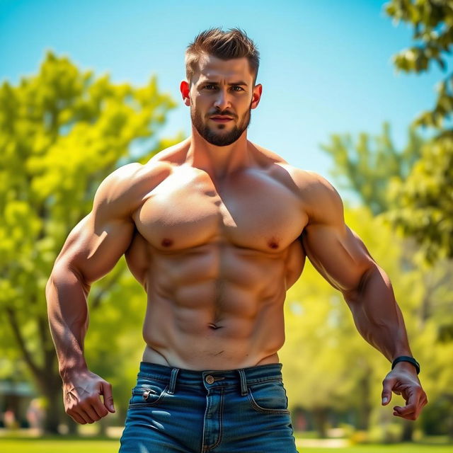 A muscular and athletic man resembling Chris Evans with a prominent chest and strong arms, confidently posing outdoors