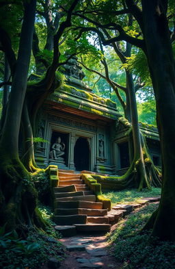 An ancient temple hidden deep within a lush green forest, covered in vibrant moss and vines