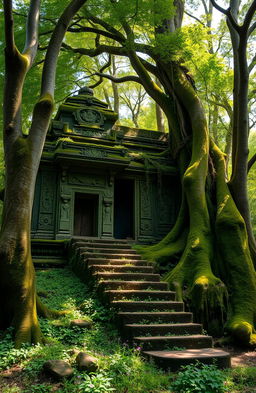 An ancient temple hidden deep within a lush green forest, covered in vibrant moss and vines