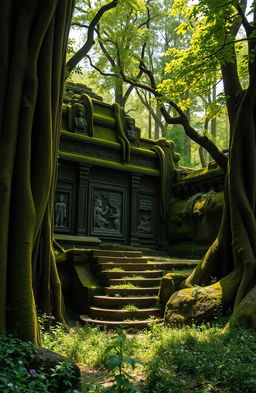 An ancient temple hidden deep within a lush green forest, covered in vibrant moss and vines