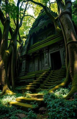 An ancient temple hidden deep within a lush green forest, covered in vibrant moss and vines