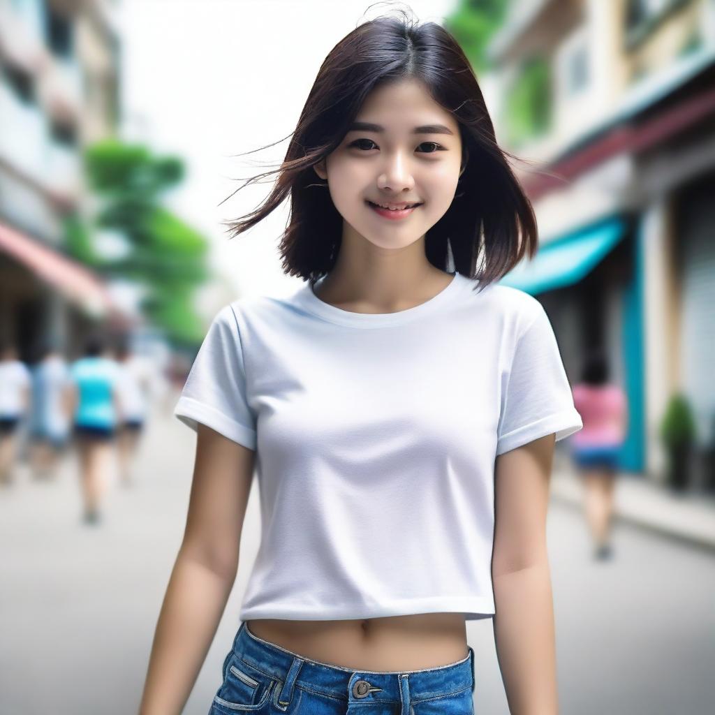 A top-notch, realistic image of a 17-year-old Thai girl in motion, captured from a 35-degree front-side angle