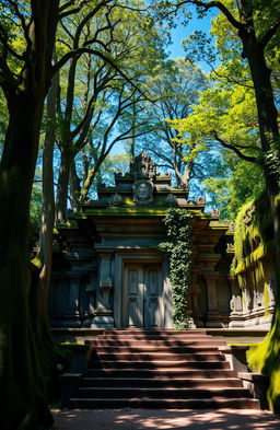 A majestic ancient temple partially hidden in a lush green forest, capturing its intricate stone carvings and moss-covered walls