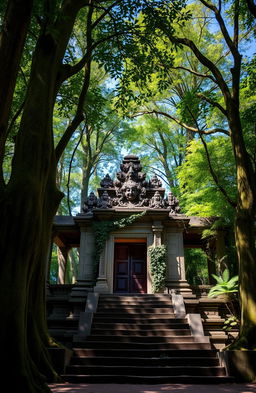 A majestic ancient temple partially hidden in a lush green forest, capturing its intricate stone carvings and moss-covered walls