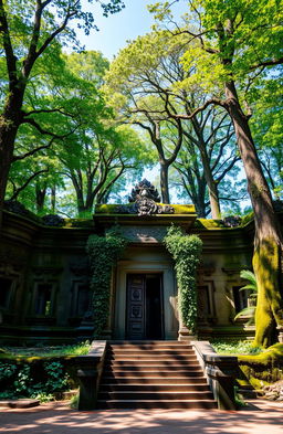 A majestic ancient temple partially hidden in a lush green forest, capturing its intricate stone carvings and moss-covered walls