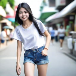 A top-notch, realistic image of a 17-year-old Thai girl in motion, captured from a 35-degree front-side angle