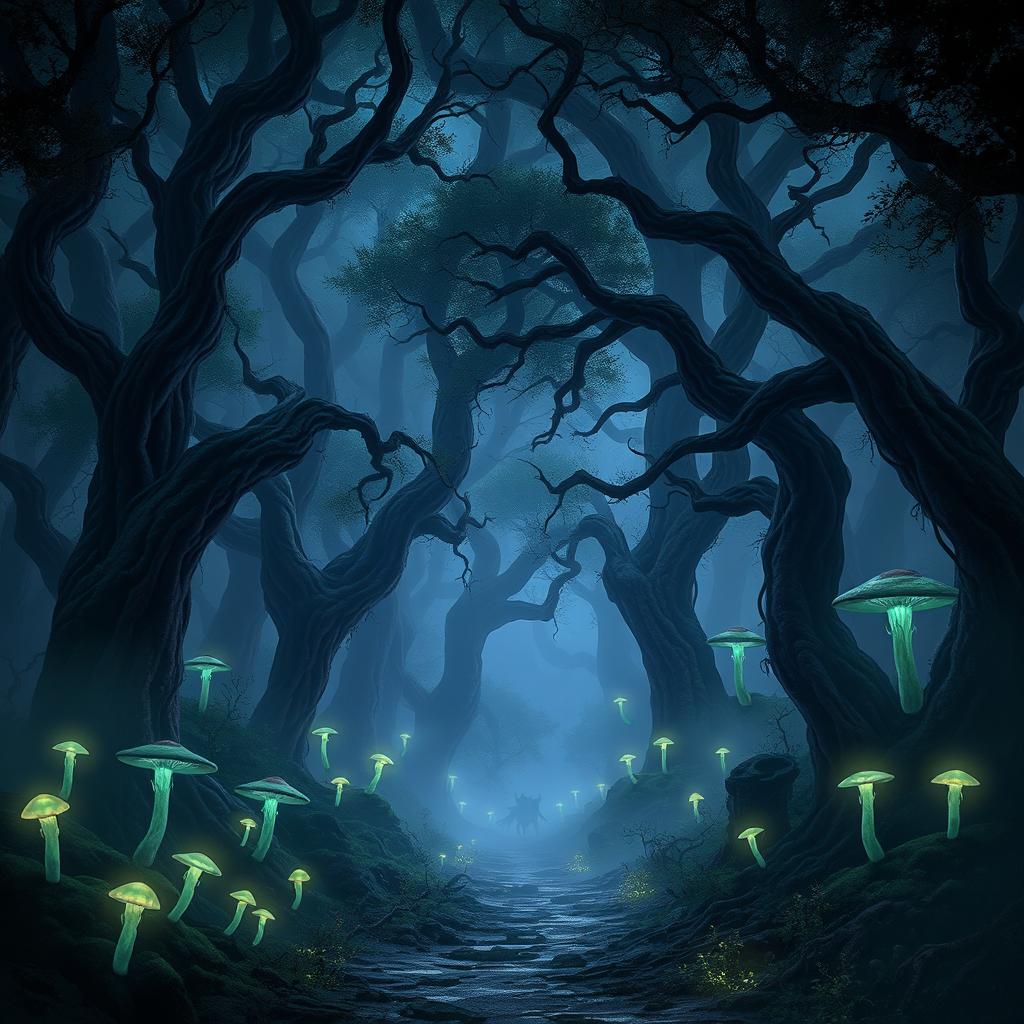 A mystical dark fantasy forest, shrouded in mist and illuminated by an eerie glow