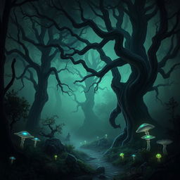 A mystical dark fantasy forest, shrouded in mist and illuminated by an eerie glow