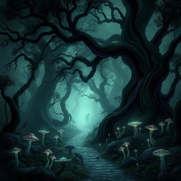A mystical dark fantasy forest, shrouded in mist and illuminated by an eerie glow
