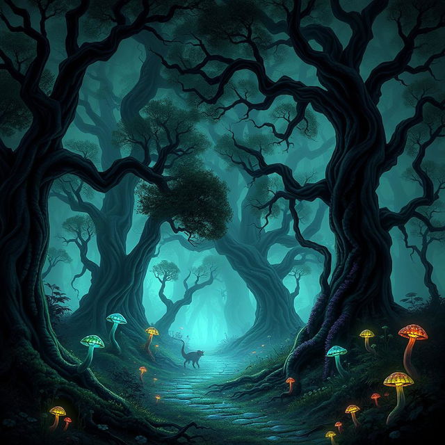 A mystical dark fantasy forest, shrouded in mist and illuminated by an eerie glow