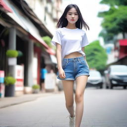 A top-notch, realistic image of a 17-year-old Thai girl in motion, captured from a 35-degree front-side angle