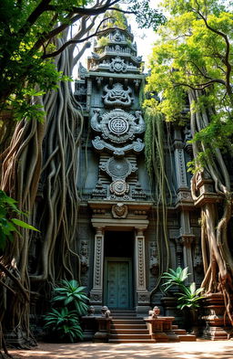 A grand and massive ancient temple nestled in a lush green forest, showcasing intricate carvings and towering stone structures, with roots and vines intertwining around the pillars, bathed in soft sunlight filtering through the tree canopy