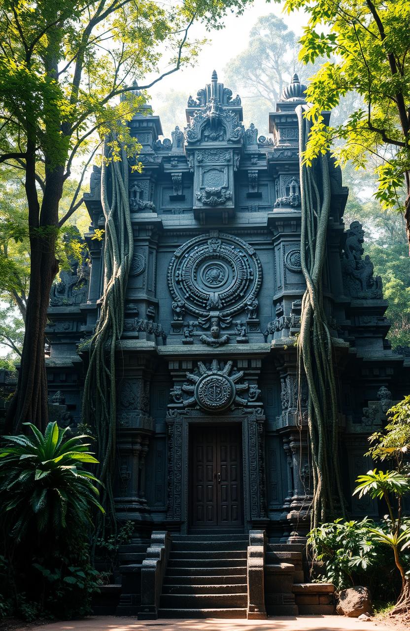 A grand and massive ancient temple nestled in a lush green forest, showcasing intricate carvings and towering stone structures, with roots and vines intertwining around the pillars, bathed in soft sunlight filtering through the tree canopy