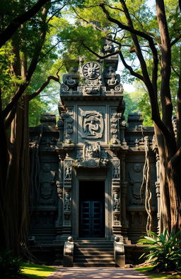 A grand and massive ancient temple nestled in a lush green forest, showcasing intricate carvings and towering stone structures, with roots and vines intertwining around the pillars, bathed in soft sunlight filtering through the tree canopy