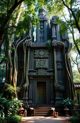 A grand and massive ancient temple nestled in a lush green forest, showcasing intricate carvings and towering stone structures, with roots and vines intertwining around the pillars, bathed in soft sunlight filtering through the tree canopy