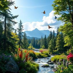 A breathtaking nature background featuring a lush green forest with tall trees, vibrant flowers blooming in various colors, and a serene river flowing gently through the scene