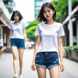 A top-notch, realistic image of a 17-year-old Thai girl in motion, captured from a 35-degree front-side angle