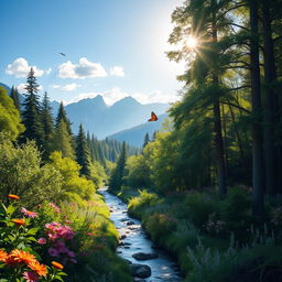 A breathtaking nature background featuring a lush green forest with tall trees, vibrant flowers blooming in various colors, and a serene river flowing gently through the scene