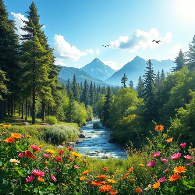 A breathtaking nature background featuring a lush green forest with tall trees, vibrant flowers blooming in various colors, and a serene river flowing gently through the scene