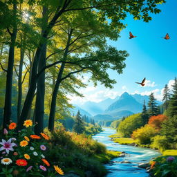 A breathtaking nature background featuring a lush green forest with tall trees, vibrant flowers blooming in various colors, and a serene river flowing gently through the scene