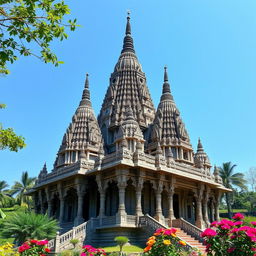 A stunning ancient temple set in a serene environment, showcasing its magnificent architecture with intricate details and towering spires