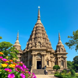 A stunning ancient temple set in a serene environment, showcasing its magnificent architecture with intricate details and towering spires