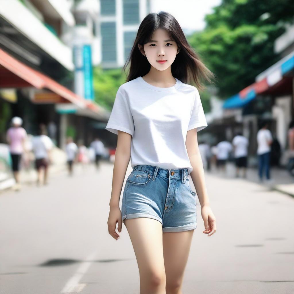 A high-resolution, realistic image of a 17-year-old Thai girl, slightly petite, walking