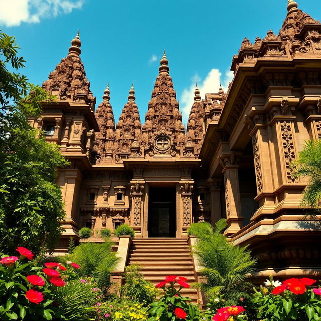 A stunning ancient temple set in a serene environment, showcasing its magnificent architecture with intricate details and towering spires