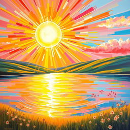 An expressive acrylic painting capturing a refracting sun, radiating vibrant colors as it shines through a crystal prism