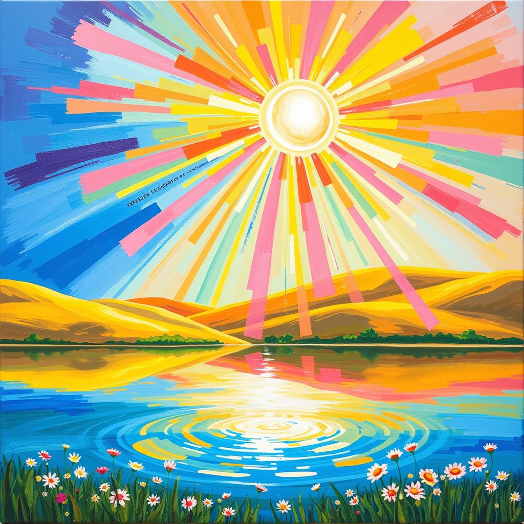 An expressive acrylic painting capturing a refracting sun, radiating vibrant colors as it shines through a crystal prism